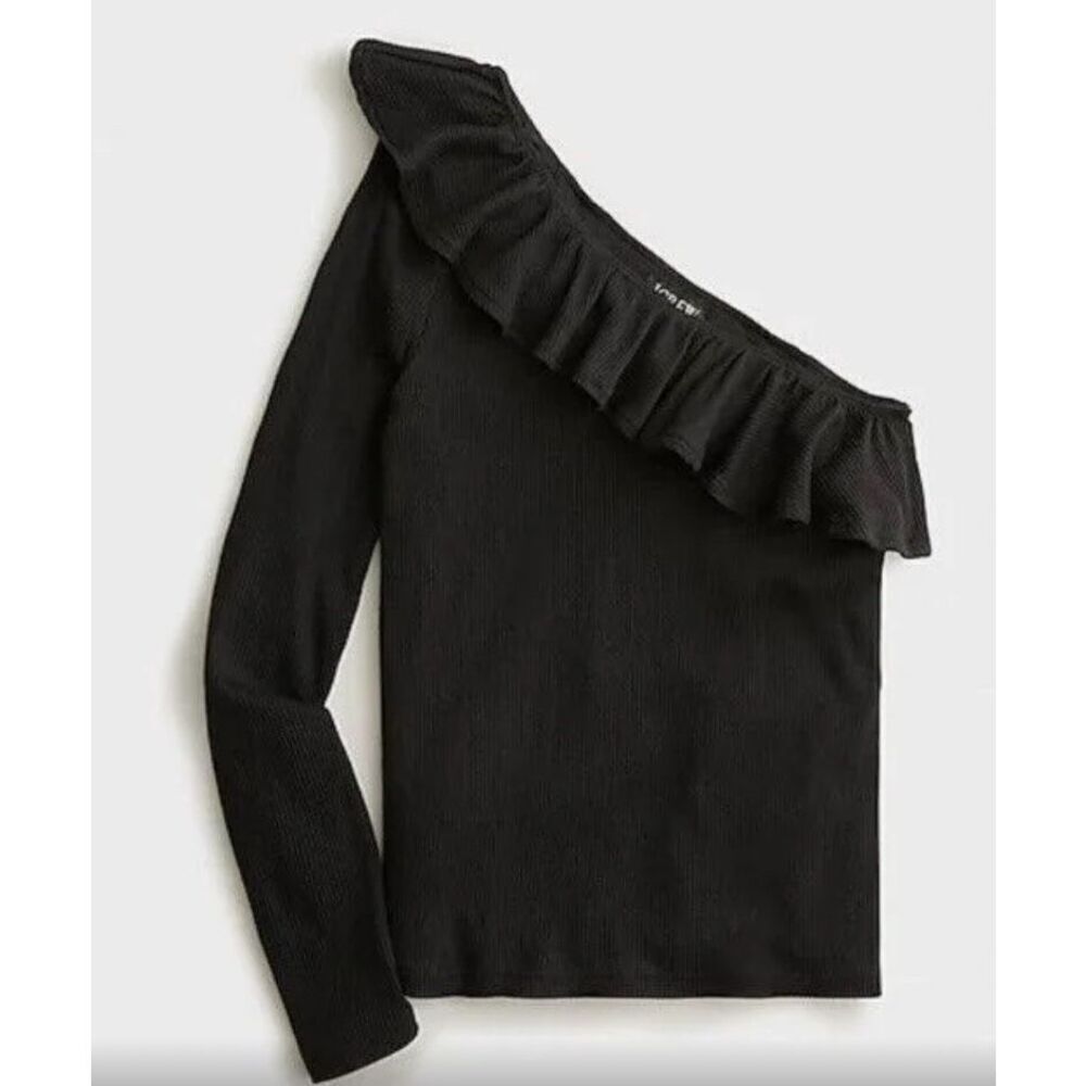 J.Crew Womens Ribbed Ruffled Neck One Shoulder Top Blouse Black Size Medium NWT